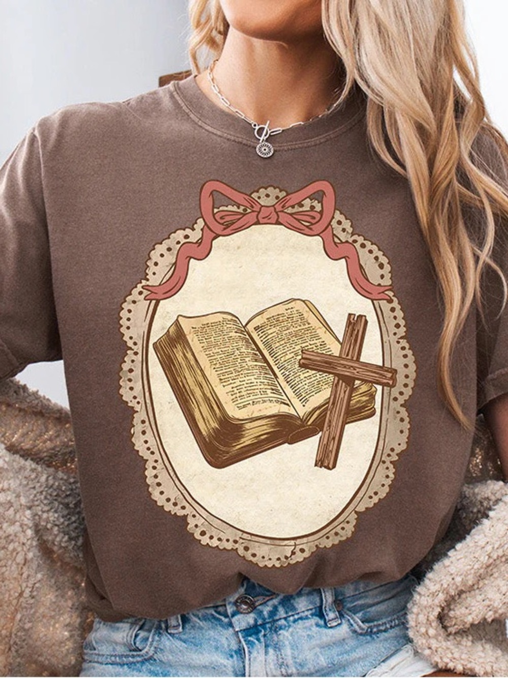 Brown Graphic Tee with Open Book & Cross Print